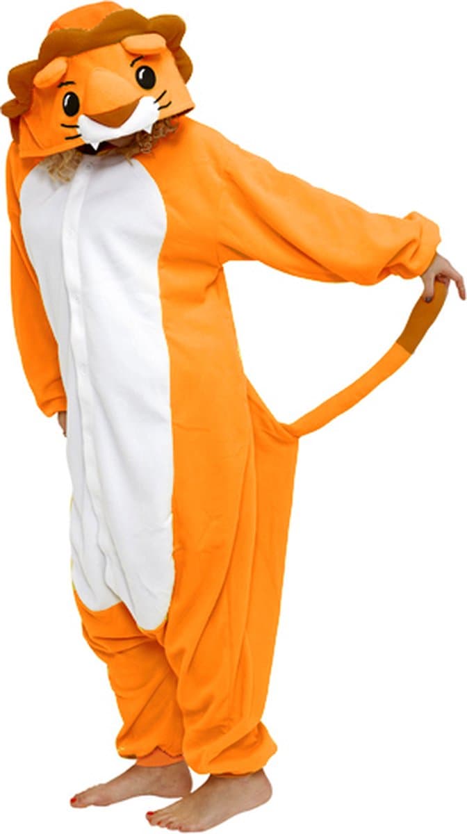 KIMU® Onesie Oranje Leeuw Pak - Maat 128-134 - Leeuwenpak Kostuum Holland - Kinder Zacht Fleece Huispak Jumpsuit Pyjama Jongen Meisje Festival