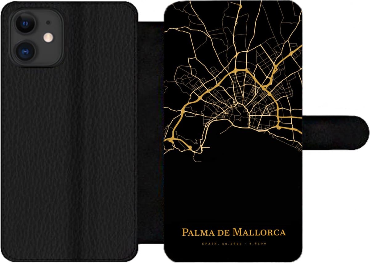 Telefoonhoesje Geschikt voor iPhone 11 telefoonhoesje - Palma de Mallorca - Kaart - Goud - Met vakjes - Wallet case met magneetsluiting