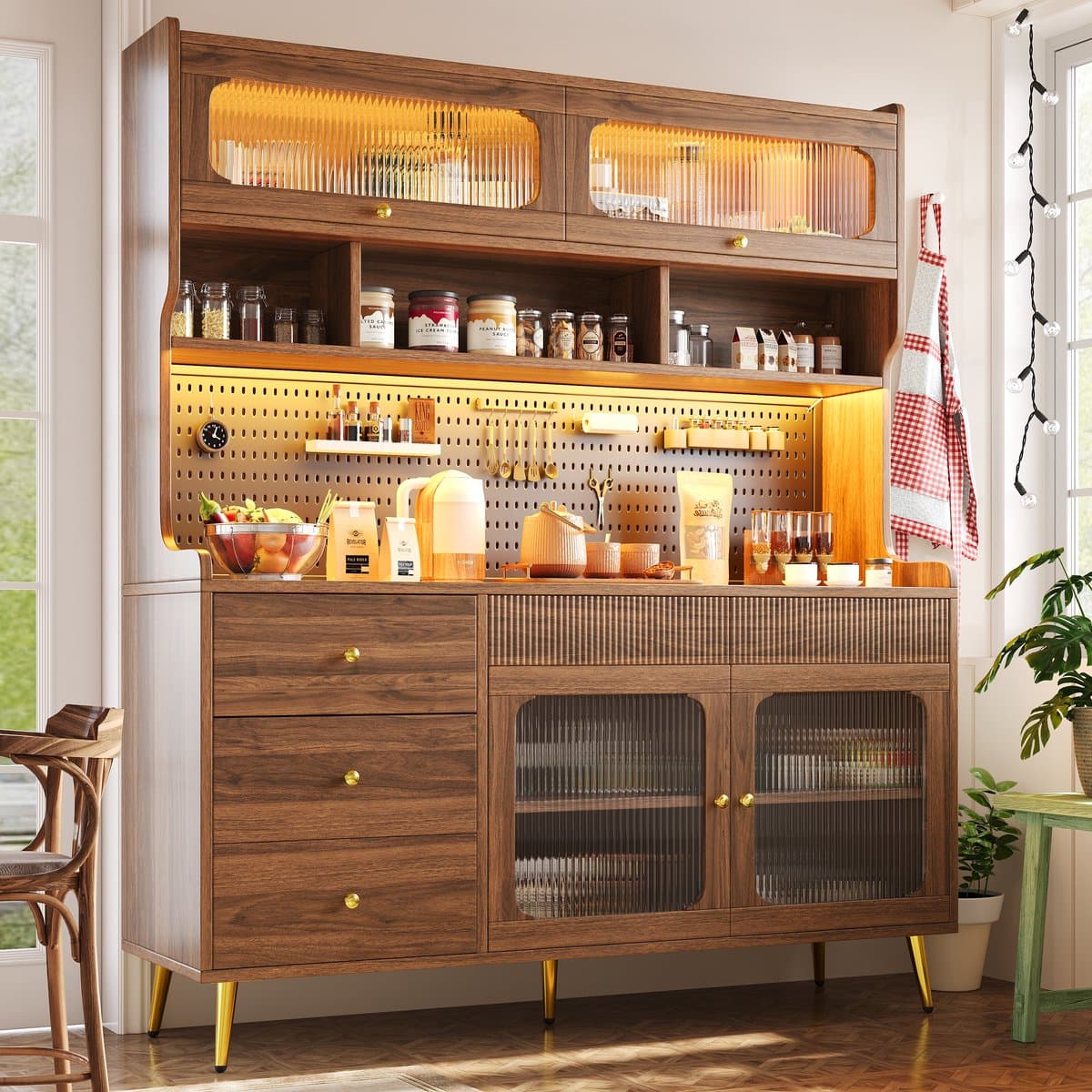 MIVRAY Hoge Kast - Met Liftdeur En Ledverlichting - Voor Keuken En Woonkamer - MDF En Glas - 145x39x171 Cm - Walnoot