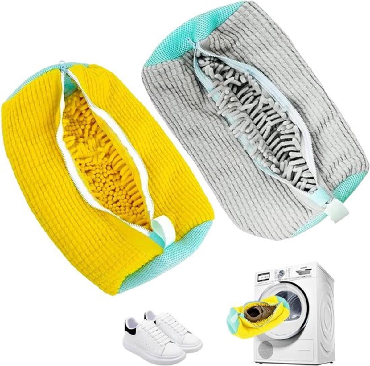 Schoenen Waszakken voor Wasmachine - Herbruikbare en Duurzame Sneaker Waszakken - Schoen Reiniging - Mesh Waszakken - Grijs en Geel - Set van 2