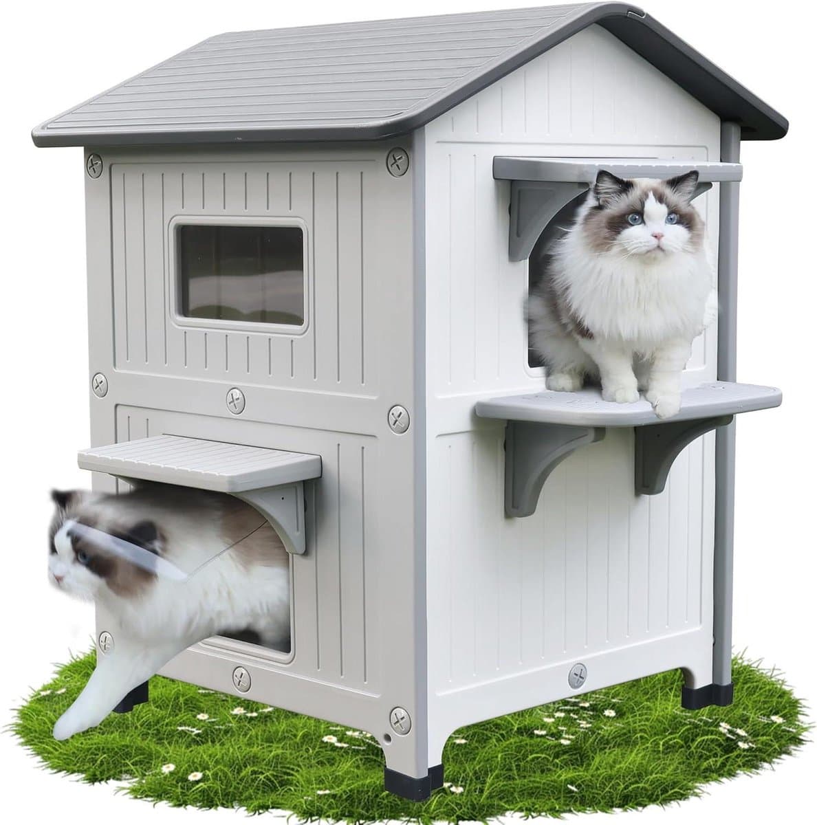 Kattenhok Buiten - Twee Etages - Veilige Schuilplaats - Weerbestendig HDPE - 55 x 53 x 86 cm - Wit
