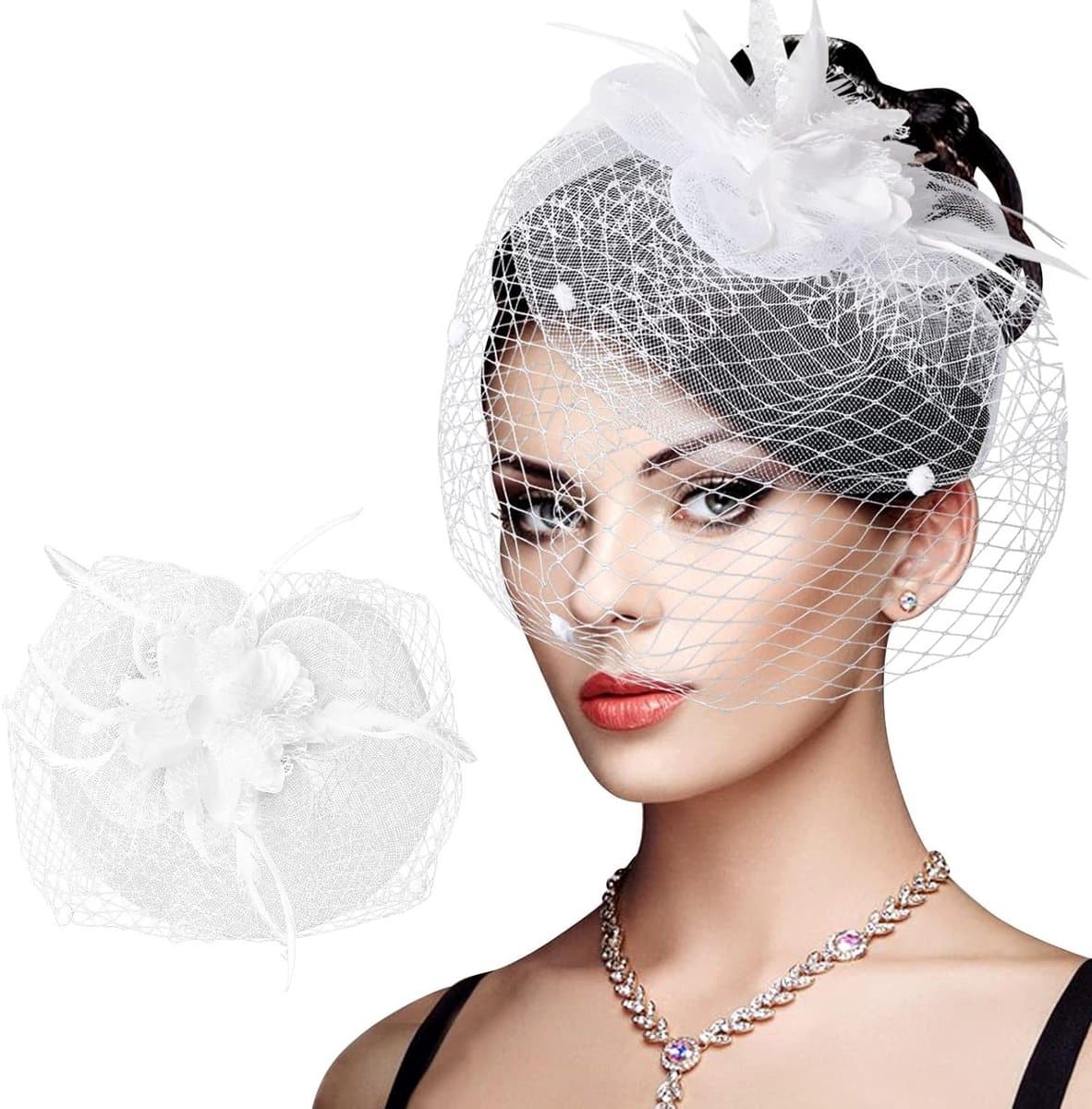 Elegante fascinator voor dames met bloemenveer en sluier, perfect voor bruiloften en feesten, stijlvol haarsieraad voor elke gelegenheid (wit)