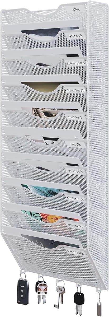 10-Tier A4 Mesh Wandrek voor Documenten en Tijdschriften met 5 Haakjes voor Sleutels, Wit