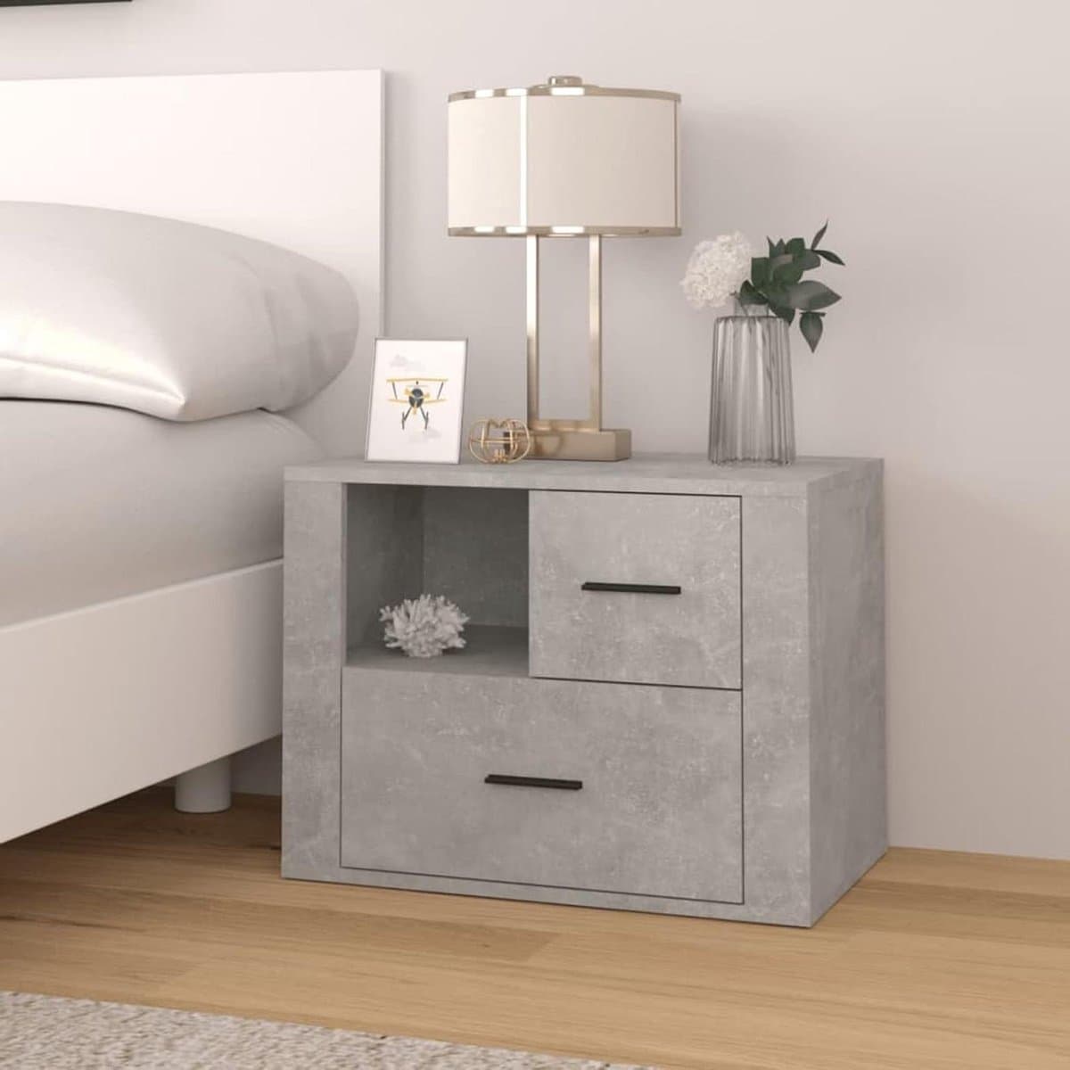 Nachtkastje - Bijzetmeubel Slaapkamer - Spullen Opbergen - Met 2 Laden - 60 x 36 x 45 cm - Grijs Beton