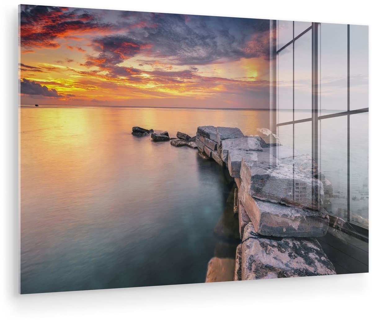 ® Glasschilderij 150x100 cm - Schilderij acrylglas - Pad naar zee tijdens zonsondergang bij Sipadan-eiland in Maleisië - Foto op glas - Muurdecoratie woonkamer - Wanddecoratie slaapkamer - Schilderijen
