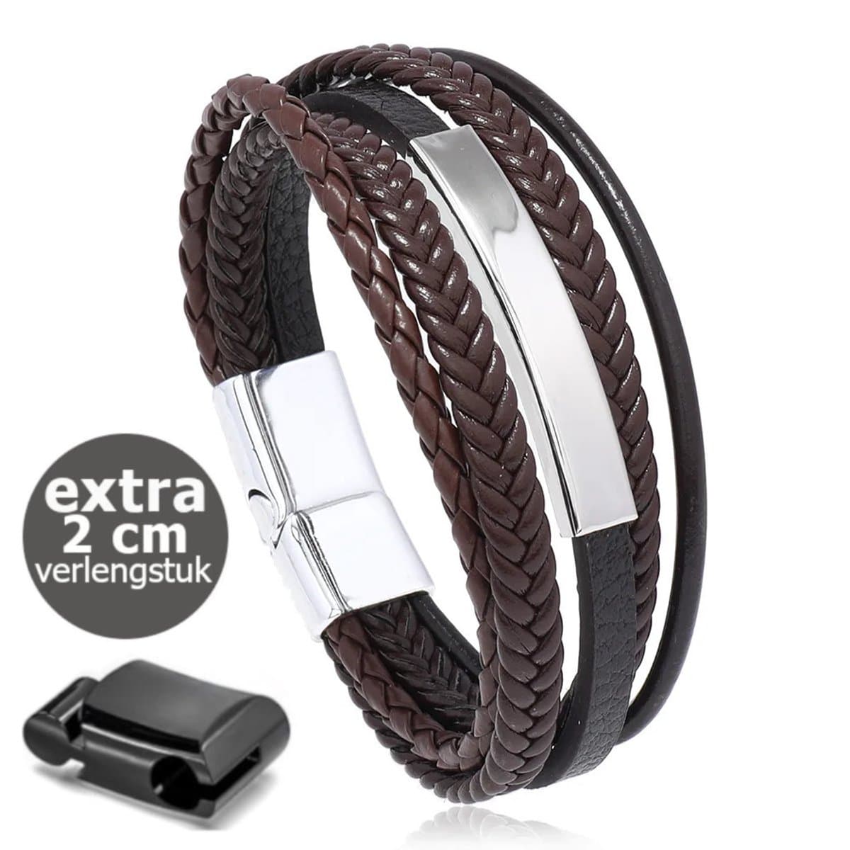 KHRONOX® Armband, Armband Heren, kh02 21 cm BRUIN, Roestvrij Staal, Armbanden, Leren Armband Heren, Leren Armband, Leren Armbanden, Armbandje, Kunstleer, Mannen, Magnetische Sluiting, + 2 CM Verlengstuk, Verjaardag, Vaderdag, Valentijnsdag, Cadeautje