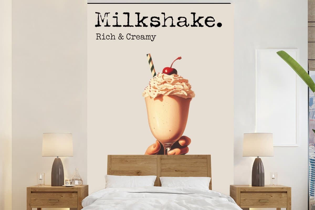 Behang - Fotobehang Milkshake - Kers - Rietje - Breedte 145 cm x hoogte 220 cm