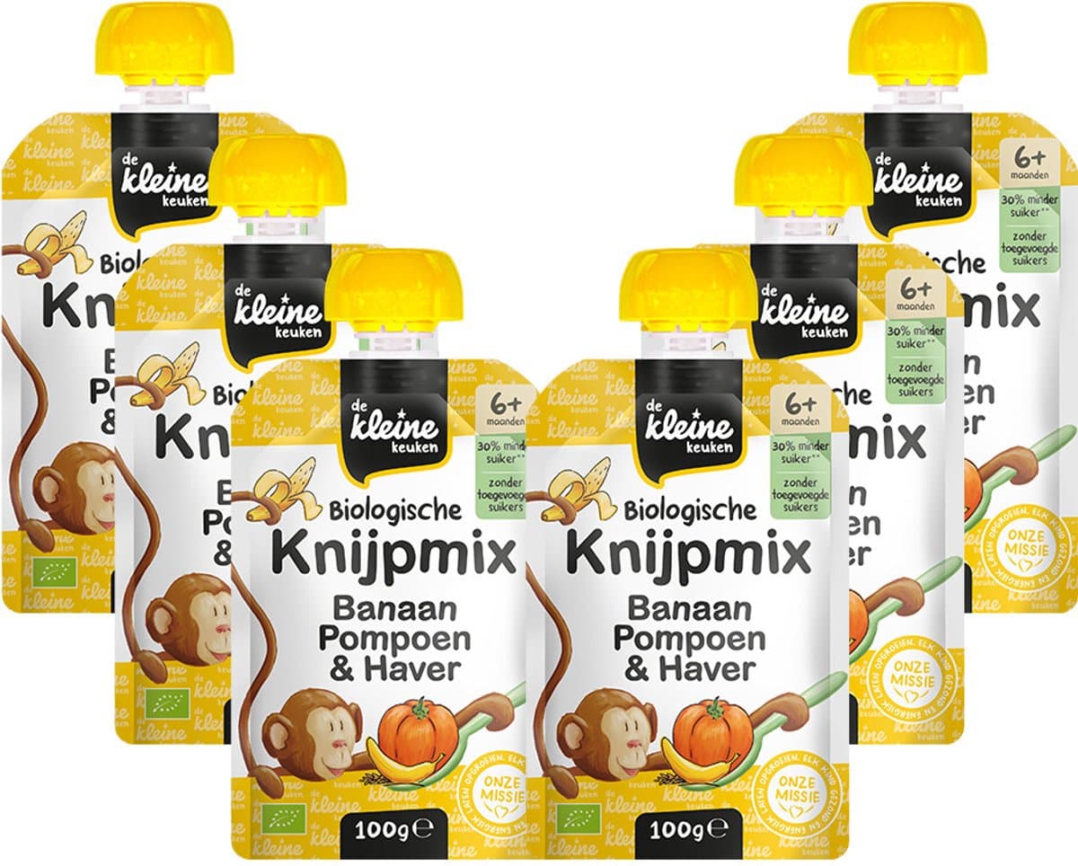 de Kleine Keuken Biologische Knijpmix Banaan, Pompoen & Haver - 6 x 100 gr - Voordeelverpakking