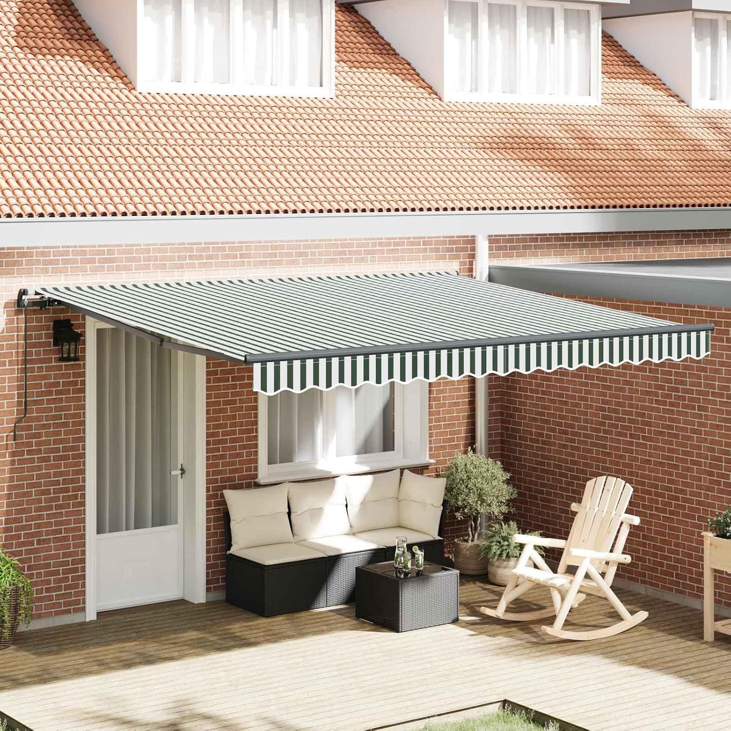 Luifel, groen, wit, 400 x 300 cm, handmatig zonnescherm van polyester en staal, uv-bestendig en waterdicht, voor terras en tuin