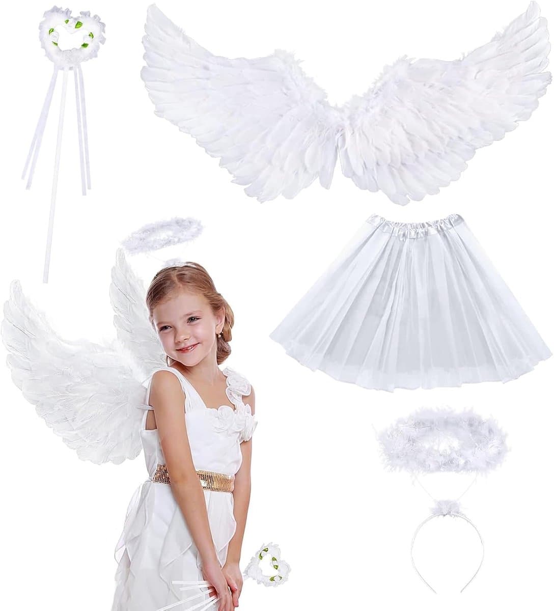 Engelenkostuum voor kinderen, wit zwart, engelvleugelkostuum met halo en toverstaf, engelenvleugels, decoratief kostuum 60 cm, engelenvleugelkostuum voor Halloween, carnaval, cosplay, party, kostuums