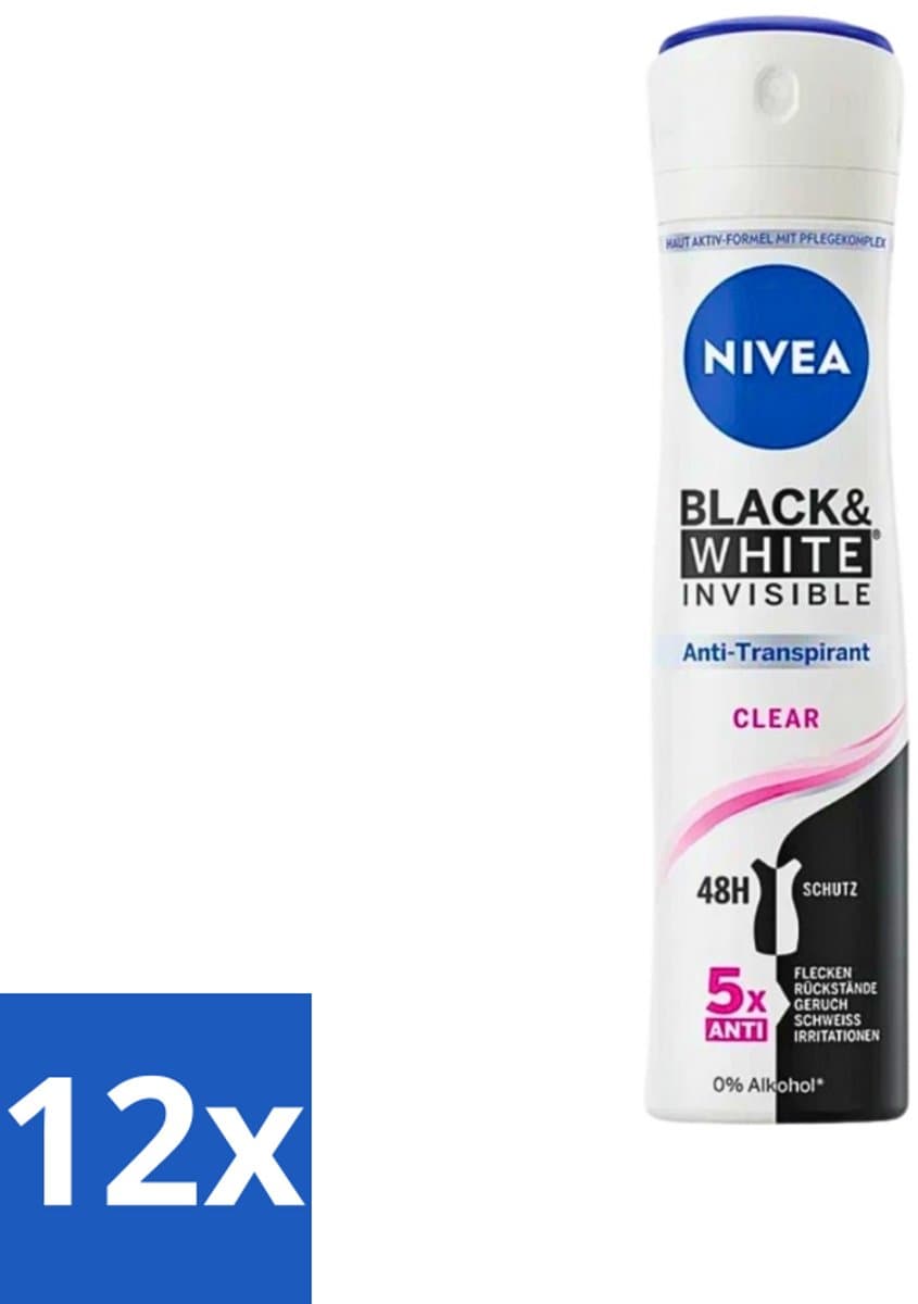 12 x Nivea - Deodorant - Spray - Black & White Invisible Clear - Anti-Transpirant - 150 ml - NIVEA Deodorant Spray - Anti-transpirant - 48 Uur Bescherming - Geen Vlekken Op Kleding - Witte Strepen