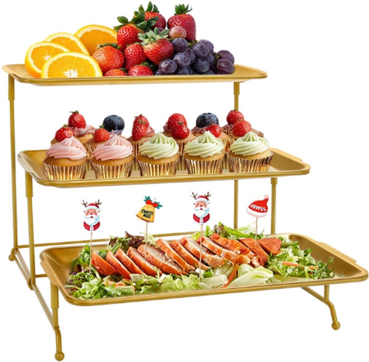 Serveerschaal Voor 3 Borden - Rechthoekige Metaal Tray 32x16cm - Buffet Stand Voor Desserts Fruit Sushi - Verwijderbare En Verstelbare Stand