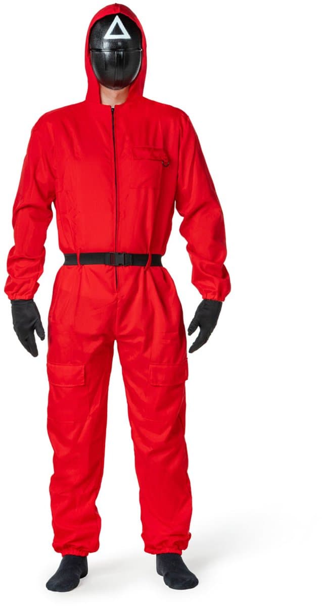 Red game Kostuum – Rood Pak met Masker, Handschoenen en Riem – Halloween - Maat M