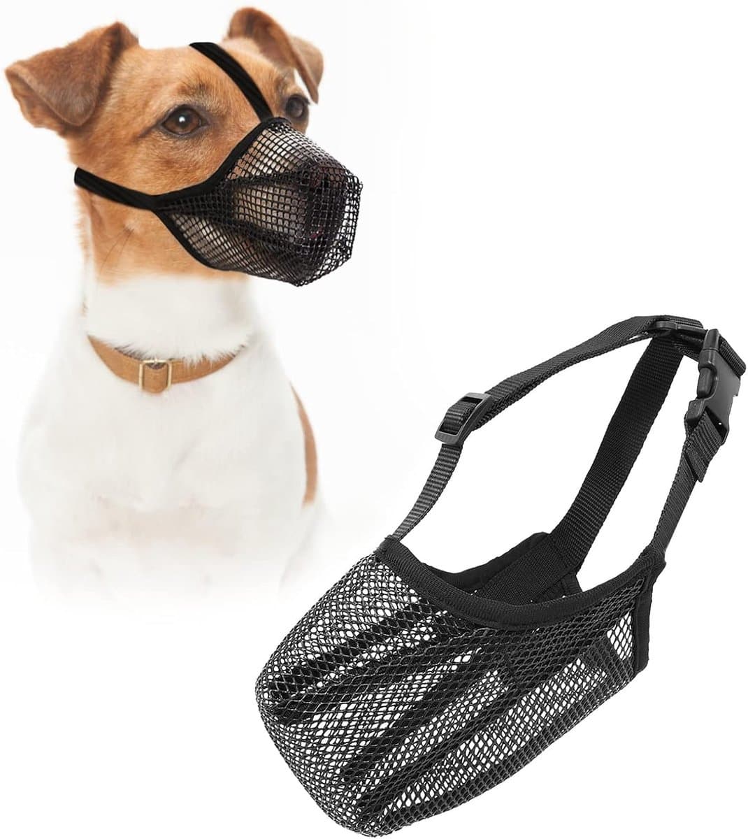 1 stuk- Ademende hondenmasker -Hondenmasker - Hondenmasker - Zacht mesh - Zacht nylon - Ademende mesh trainingsmasker - Rond mesh-oogontwerp - Beveiligt tegen eten, bijten en blaffen - Met verstelbare band - Mond en neus 24-27 cm (M) - Zwart