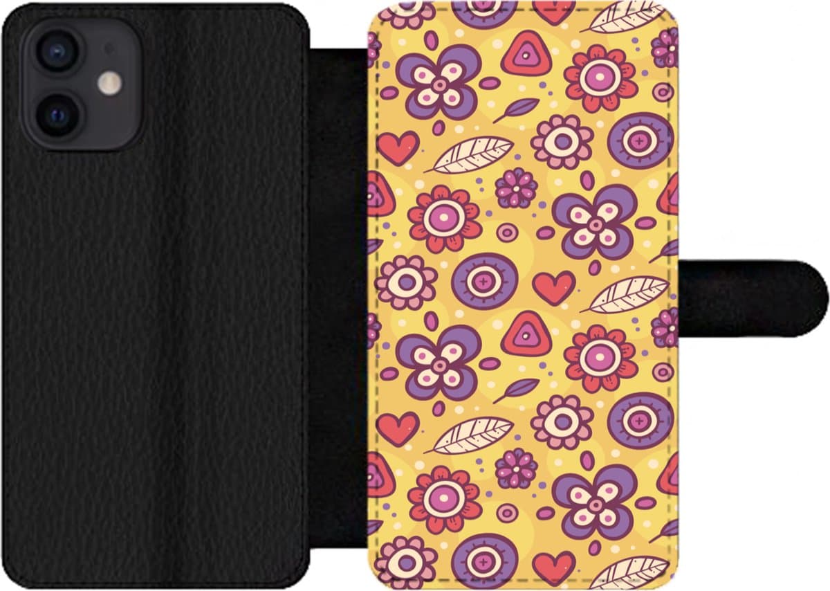 Telefoonhoesje Geschikt voor iPhone 12 telefoonhoesje - Patroon - Bloemen - Paars - Oranje - Met vakjes - Wallet case met magneetsluiting