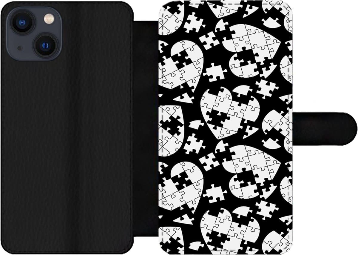 Telefoonhoesje Geschikt voor iPhone 13 telefoonhoesje - Meiden - Puzzel - Hart - Patronen - Girl - Kids - Kinderen - Met vakjes - Wallet case met magneetsluiting