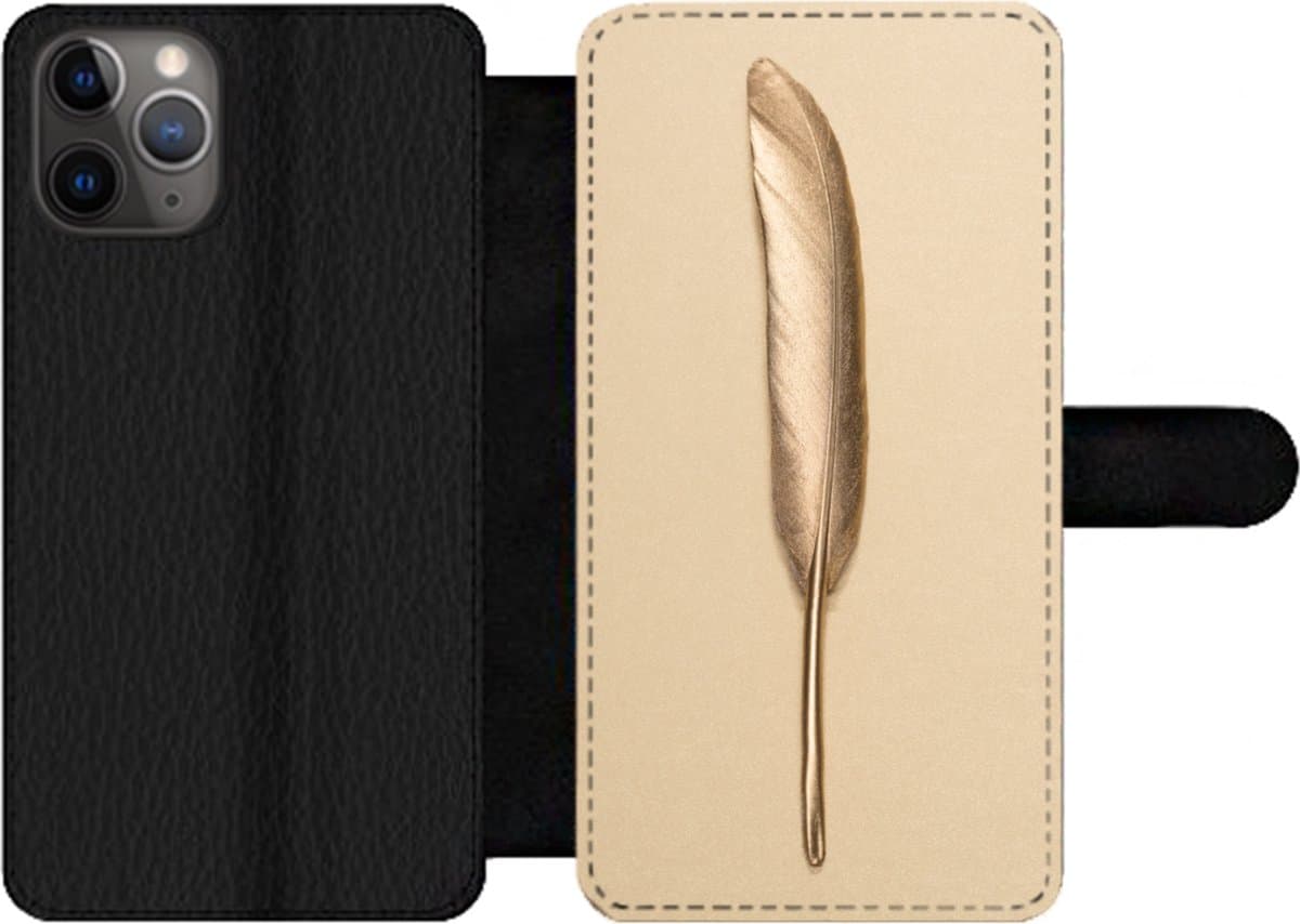 Telefoonhoesje Geschikt voor iPhone 11 Pro telefoonhoesje - Goud geverfde veer op een gouden achtergrond - Met vakjes - Wallet case met magneetsluiting