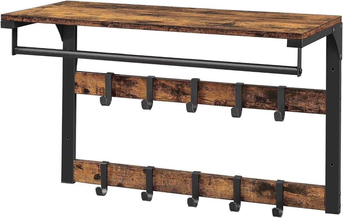 Wandkapstok met plank - Hangrek kleding - Hal organiseren - 10 Verstelbare haken - 80 cm breed - Bruin zwart