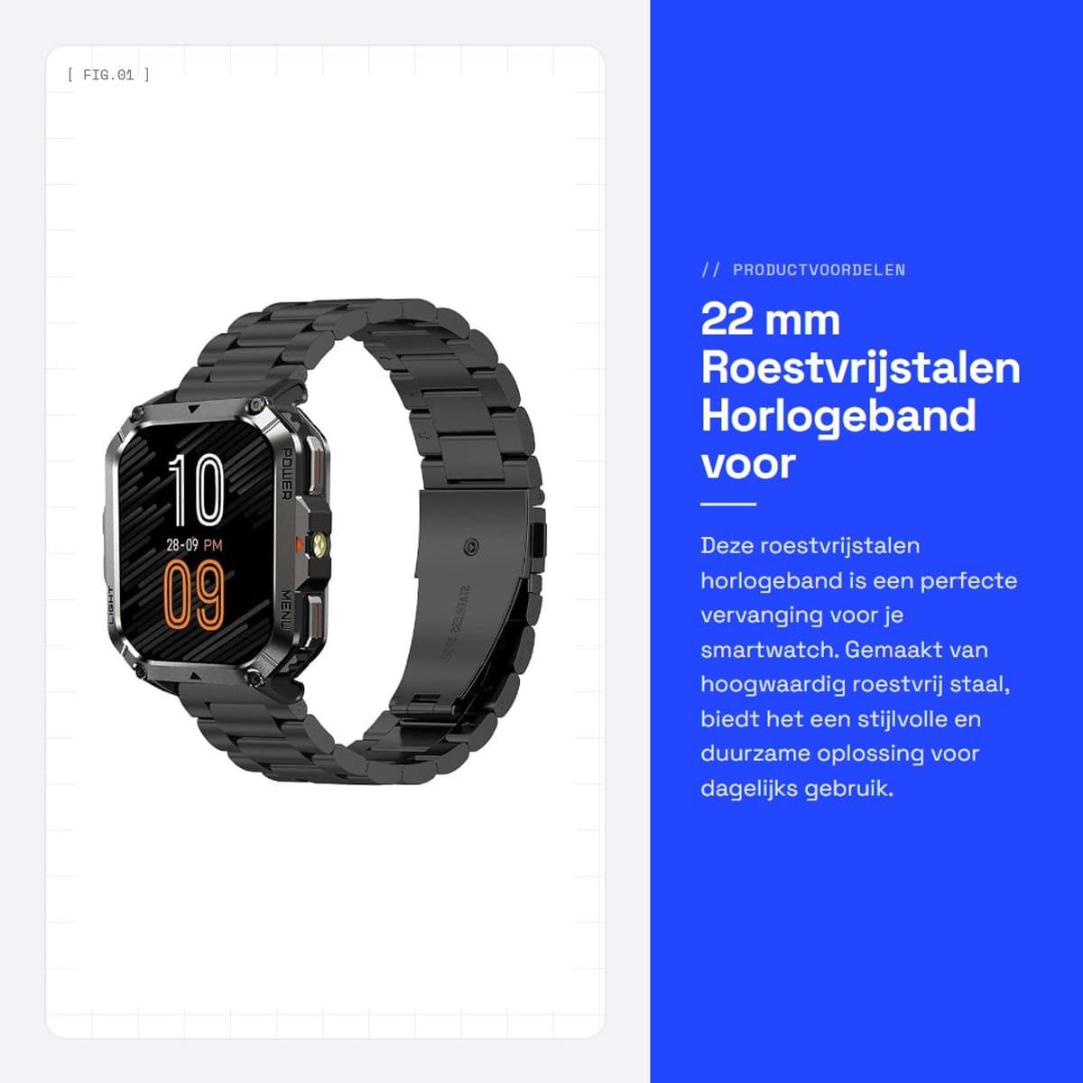 Dailygoods - 22 mm Roestvrijstalen Horlogeband voor Smartwatch, Slijtvast en Stijlvol