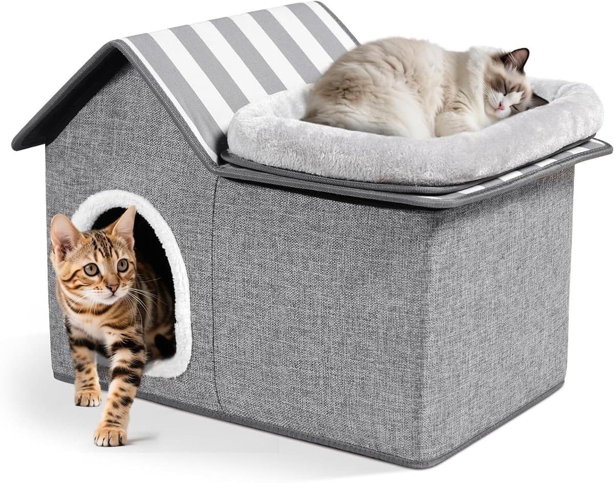 Kattenhuis - Kattenhol Vilt - Rustplek Creëren - Twee Verdiepingen - 57 x 38 x 41 cm - Grijs Zwart