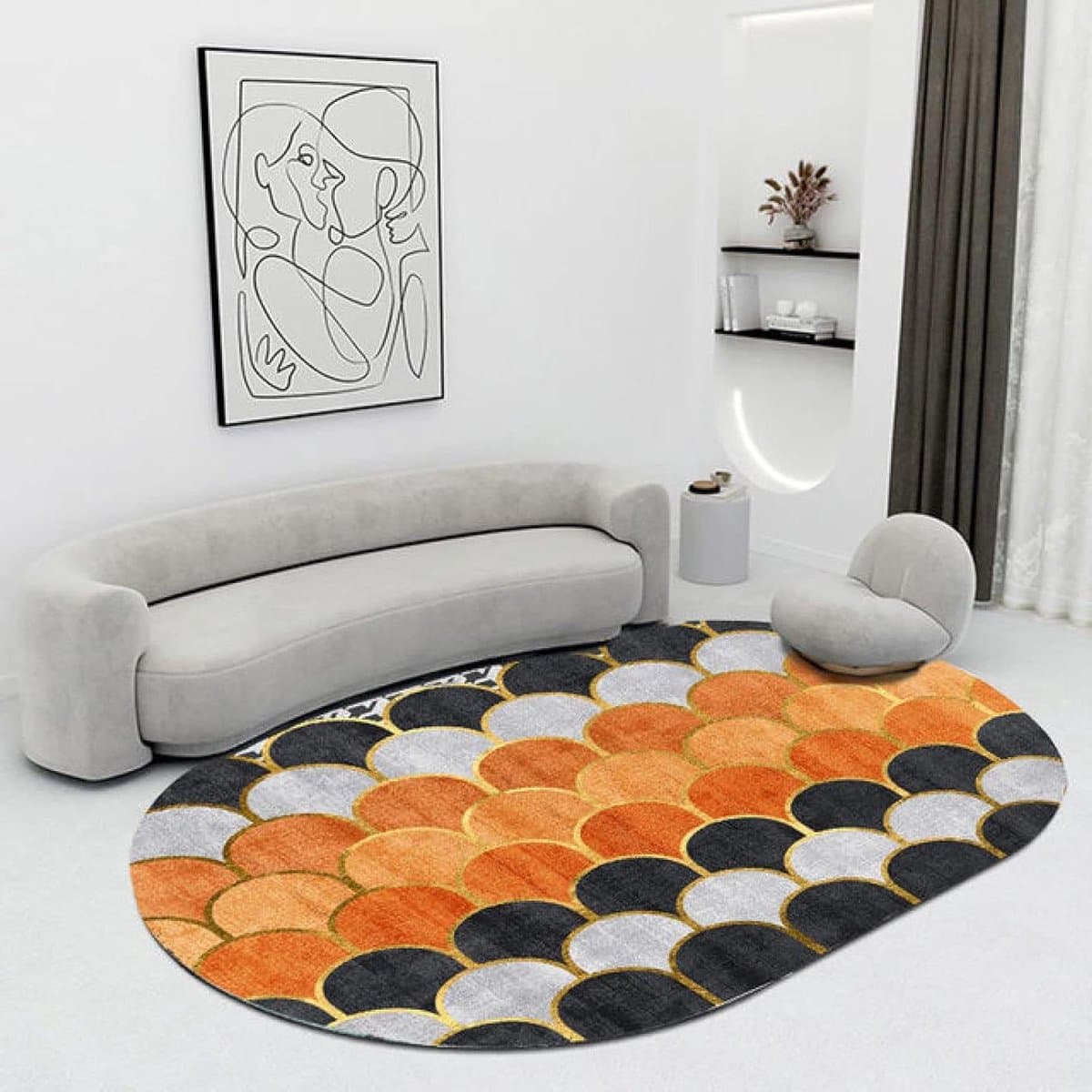 Oval Vloerkleed - Modern Kleed - Woonkamer Decoratie - Visgraat Goud Patroon - 170x240cm - Zwart Oranje Grijs