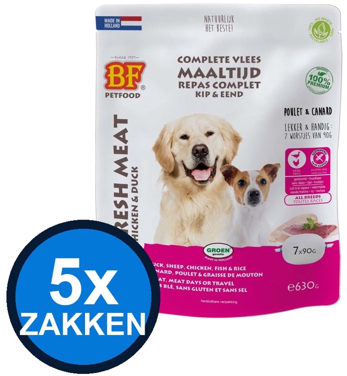 5x Biofood - Vleesvoeding Compleet Kip & eend Zak Multipack - Hondenvoer Droogvoer - 630 g