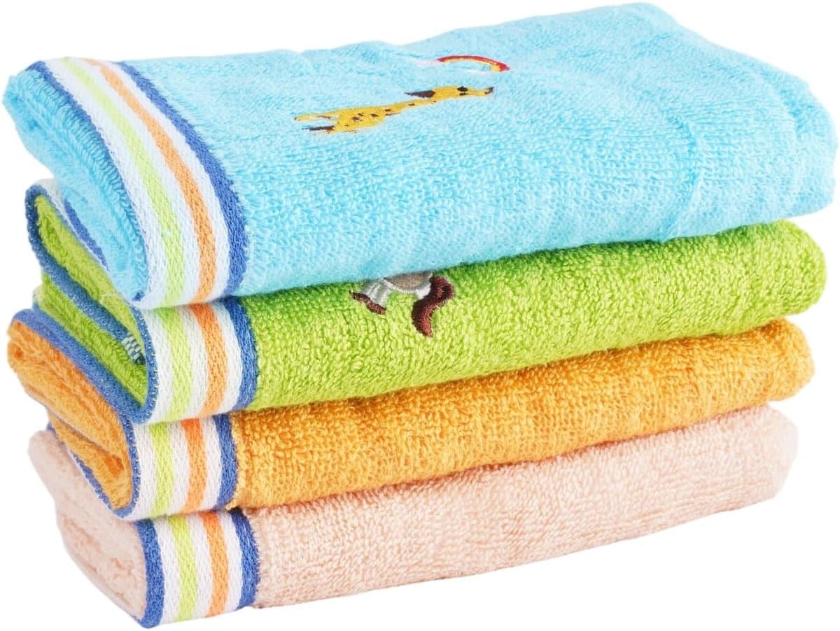 Zachte herbruikbare katoenen washandjes voor kinderen met dierenborduursels - Ideaal voor handen, gezicht en voeten, 25x50 cm, 4 stuks