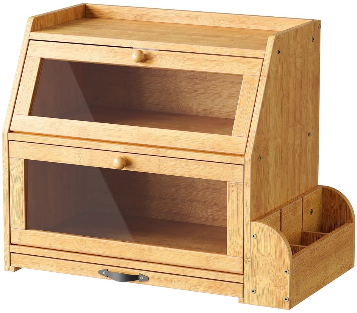 Velmio Bamboe Brood Bewaardoos - Brood Bewaarbak - Brooddoos - 3 Laags - Incl. Uitschuifbare Snijplank - Bestekhouder - Bamboo - 46 x 25 x 37 cm