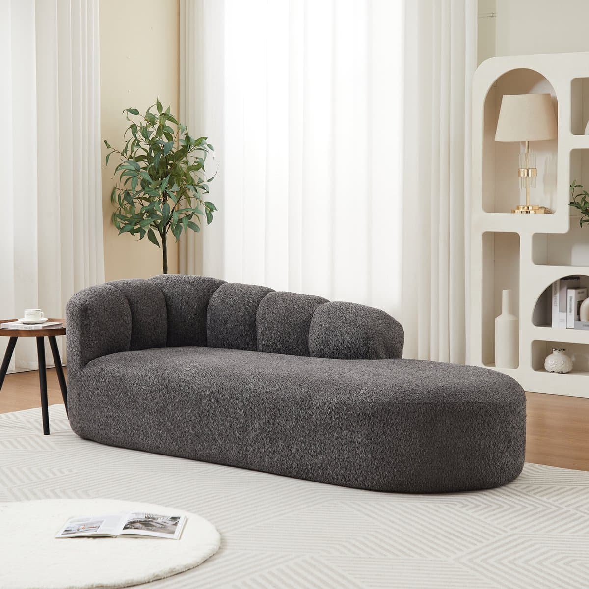 MEUNIQ chaise longue van chenille in antracietgrijs, 2-zits, zonder armleuningen, modern en zacht gestoffeerd voor woonkamer, slaapkamer of leeshoek