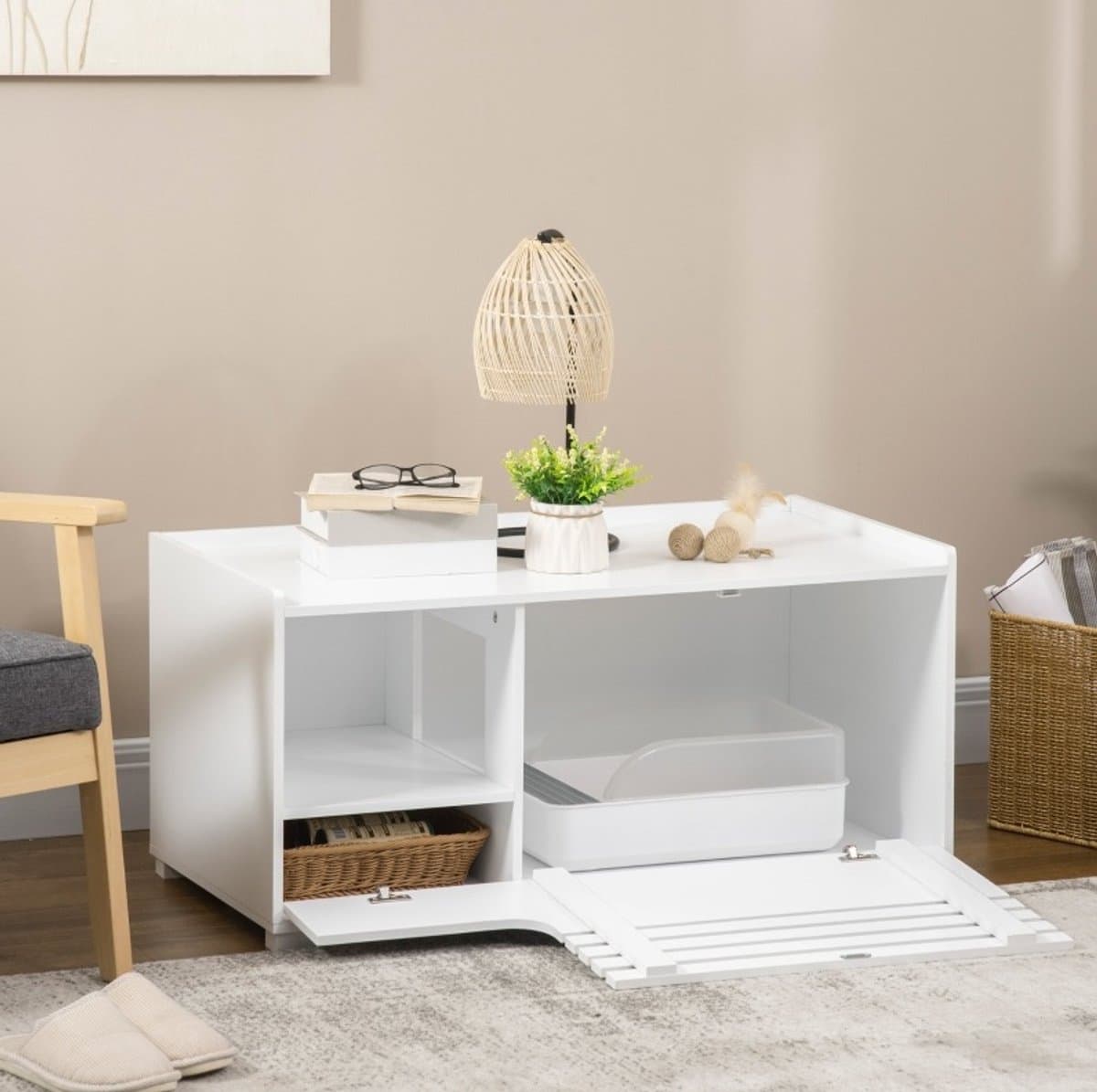Kattenbakcontainer - Twee-In-Een Kattenkast Met Magnetische Deur En 2 Planken - Voor Kattenbak En Opbergruimte - MDF - 90x48x43,5 Cm - Wit