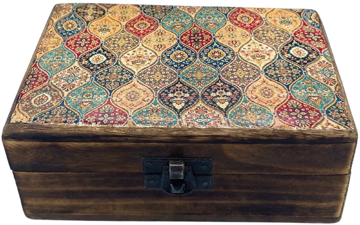 Medium Ceramic Glazed Wood Box - 15x10x6cm - Trad-Pattern