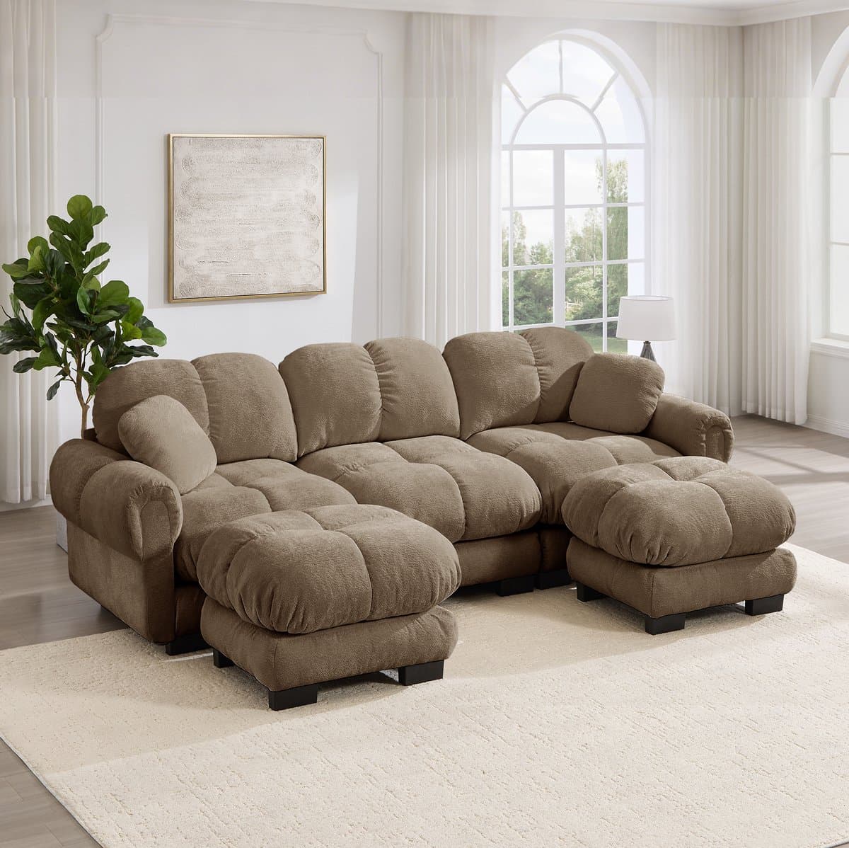 OKWISH U-Bank – 3-Zits Chenille Bank Met Mobiele Ottomane – Gestikt Design, Dikke Kussens & 2 Sierkussens – Woonkamer – Bruin