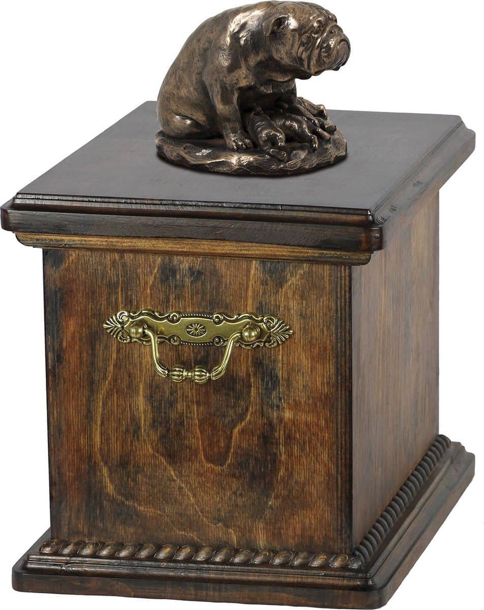 Elegante urn voor bulldog as met beeldje in klassieke stijl