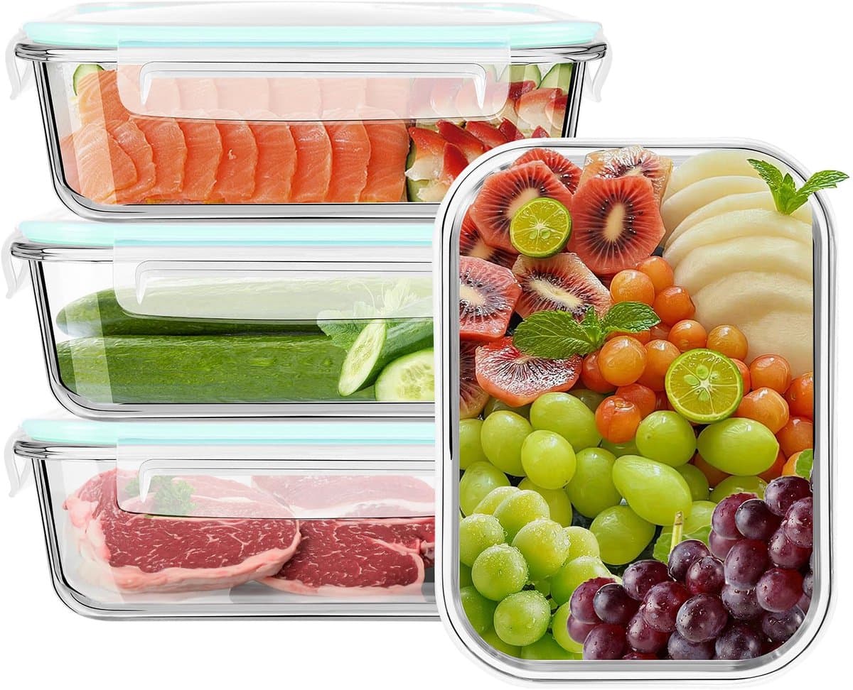 Set van 4 Glazen Bewaardozen met Deksel - Magnetron-, Vaatwasser- en Vriezerbestendig - Voor Maaltijdbereiding