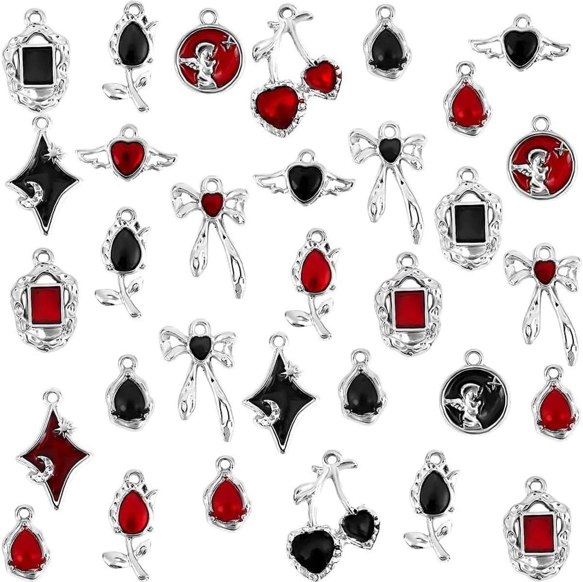 Allecto Plus - Gotische Bedels Set van 32 stuks in 16 Stijlen Zwart Rode Hart Boog Charms Retro Punk Stijl Hanger voor Sieraden Maken Armband Kettingen - Emaille Bloem Ster Hangers