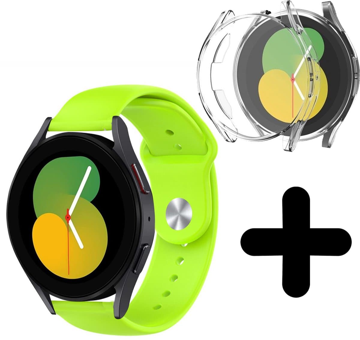 Strap-it bandje geschikt voor Geschikt voor Samsung Galaxy Watch 5 - 40mm sport band (lichtgroen) - Bandje siliconen Galaxy Watch 5 40 mm - Incl. screenprotector case bescherming - Hoesje beschermhoes beschermer - Transparant full cover hardcase