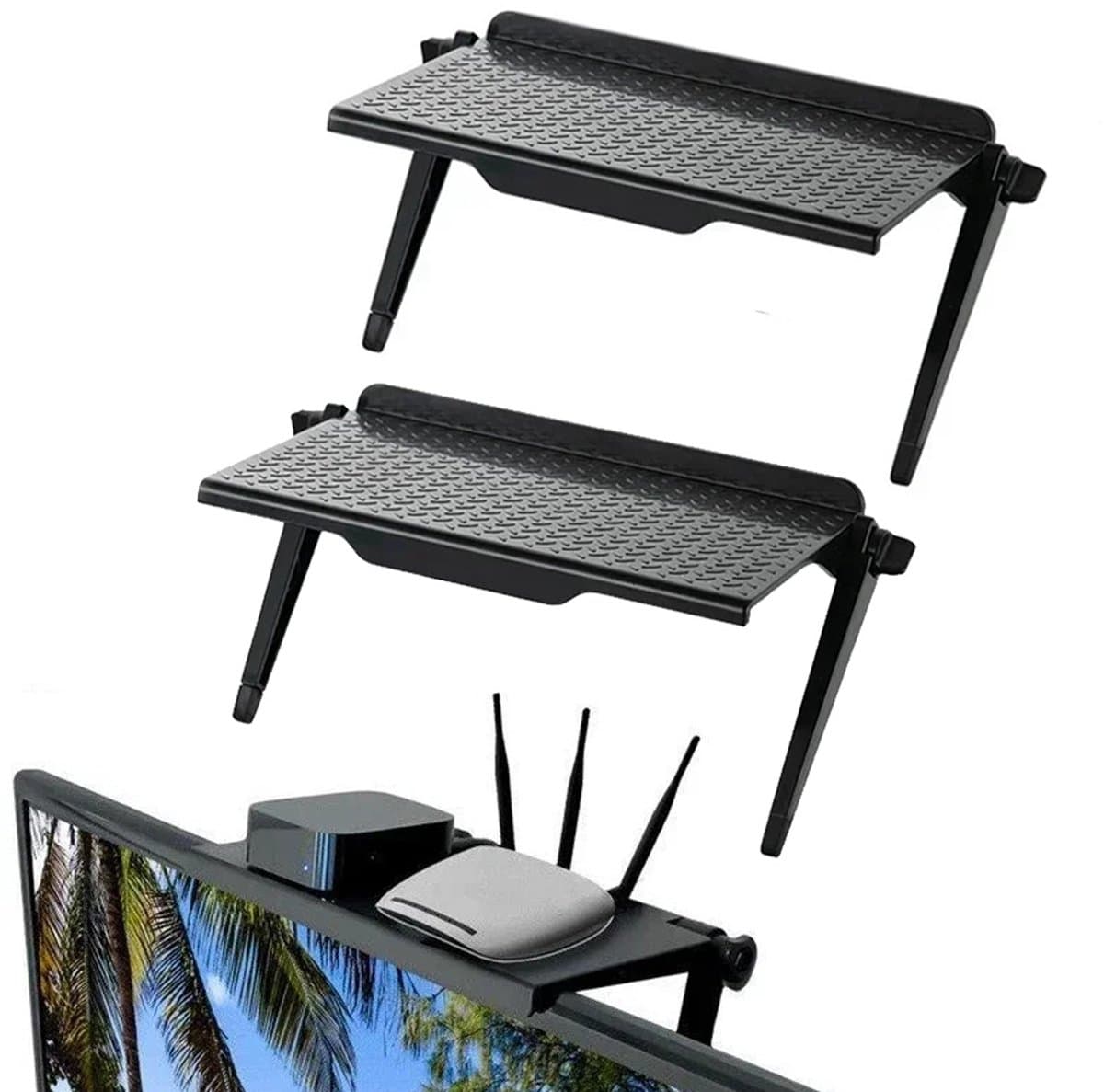 TVs Screen Top Storage Shelfs 2 stuks - Adjustable Monitors Storage Rack - Computer Desktop Display Stand - TVs Routers Storage Rack - Zwart,Small Size