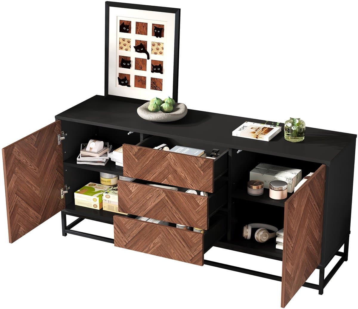 Merax Sideboard 145x40x67 cm – Moderne Opbergkast met 3 Lades en 2 Deuren – Dressoir met Metalen Frame en Verstelbare Legplanken – Houtkleur en Zwart