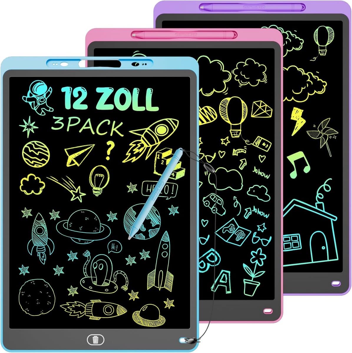 3x 12 Inch LCD Tekentablet - Digitaal Schrijfblok Herbruikbaar met Wischknop en Vergrendeling voor Jong en Oud