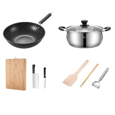 Maxcook Pannenset van 8 - KoekenpanSoeppanSnijplankSnijmesHakstokkenHouten spatelParingmesMes