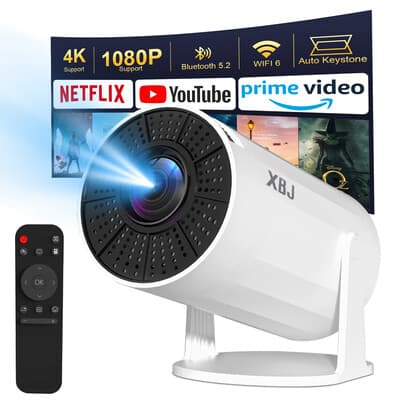 【Lite Entertainment | Verbeterd】 XBJ Draagbare Witte Projector, WiFi6, BT5.2, 1080P+4K Decodering, Android 11, Automatische Keystone, 180° Rotatie, 200 ANSI, 40-200" Scherm, Thuis & Buiten