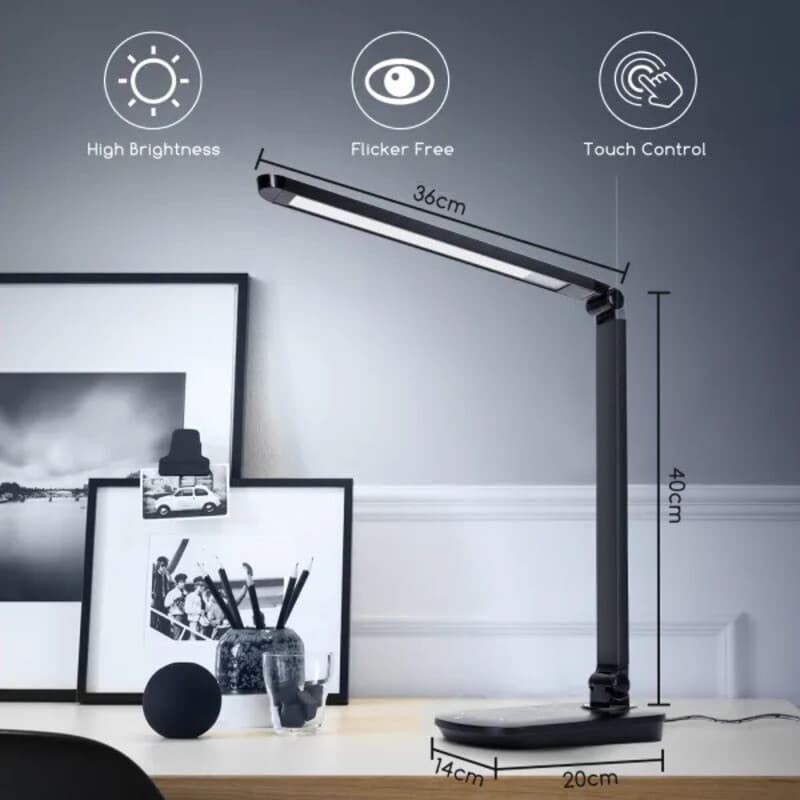 Aigostar led tafellamp light08, zwart, 8 W, met aanraakbediening, dimfunctie en draadloze oplaadfunctie.