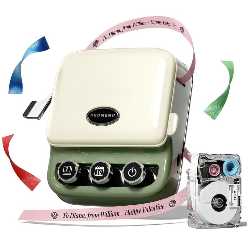Phomemo P15 lintetikettenprinter, Bluetooth retro labelprinter met cadeaudoos, cadeaus, feestelijke cadeaus, lintprint - Vintage groen - 1 stuk