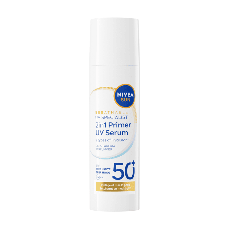 NIVEA SUN UV Face 2-in-1 Primer Makeup – Zonnebrand Gezicht SPF 50+ - Gezichtsserum met Hyaluronzuur - Zonder Parfum – Zonnebrandcrème - 30ml