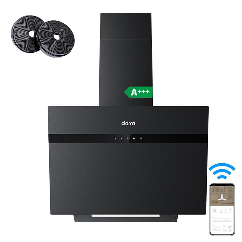CIARRA CBCG6736H-G 60cm Schuine Afzuigkap Zwart – Melkglas met anti-vingerafdruk – met WiFi - inclusief set koolstoffilters – 650m3 - energieklasse A+++