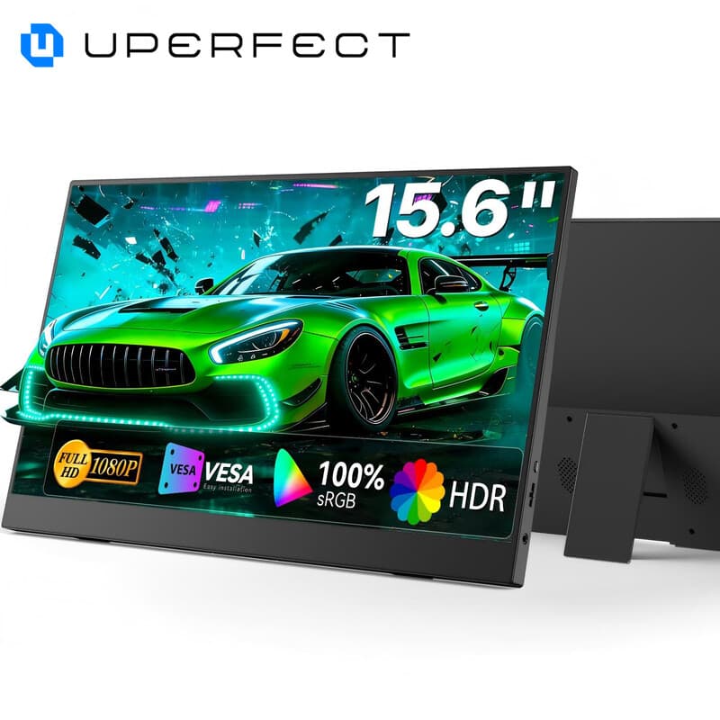 UPerfect Draagbare 15,6 inch monitor, 100% sRGB laptopmonitor, ingebouwde verstelbare standaard en ingebouwde luidspreker, VESA-compatibel, HDTV, USB-C, plug & play, tweede scherm voor telefoon en gameconsole