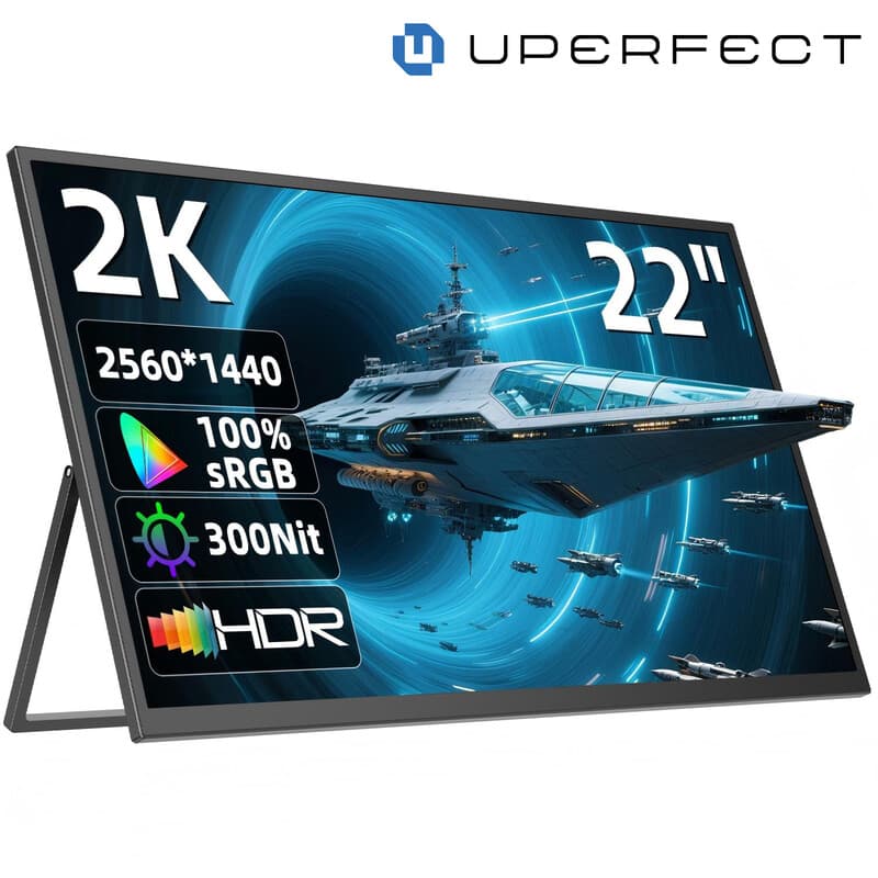 UPerfect 22 inch 2K QHD (2560 x 1440) IPS portable monitor met verstelbare standaard tot 180°, USB‑C, mini HDTV, dubbele speaker, geschikt voor laptop, pc, PS4/PS5 en Switch/Xbox, VESA-compatibel