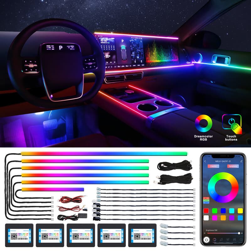 Dreamcolor LED-streeplicht voor binnen in de auto, draadloze app-bediening, RGB 18-in-1, 175 inch, 600 LED's, glasvezel, dual-zone, geluidsaansprekende functie, autoluchtverlichting, 18-in-1 RGB, autoluchtverlichtingssets