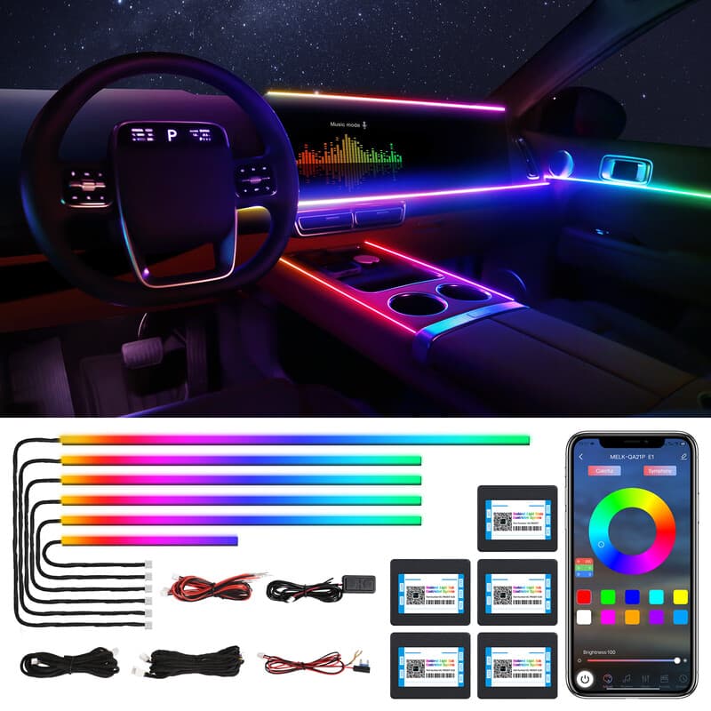Dreamcolor LED-streplamp voor binnen in de auto, draadloos via app, RGB 6-in-1, 175 inch, 600 LED's, optische vezel, geluidssensortrigger, LED-streplamp accessoires