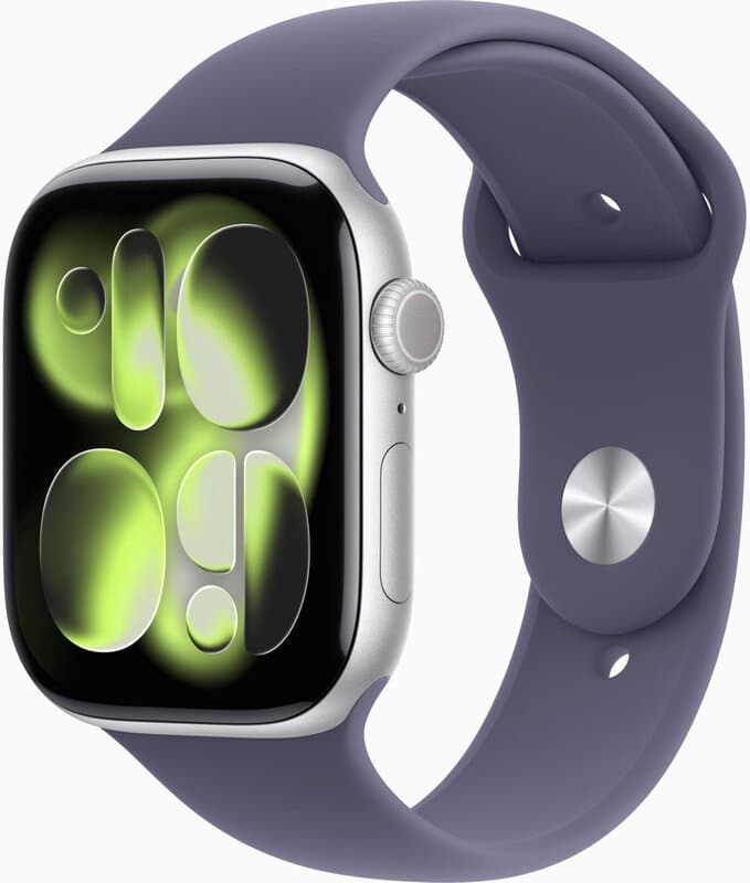 Apple Watch Series 11 GPS + Mobiele connectiviteit 42 mm zilveren aluminium behuizing met paarse nevel sportband - S/M